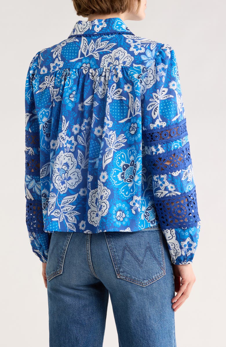 ELIE ELIE TAHARI Floral Lace Trim Long Sleeve Crop Button-Up Shirt, Alternate, color, Blue Floral Print