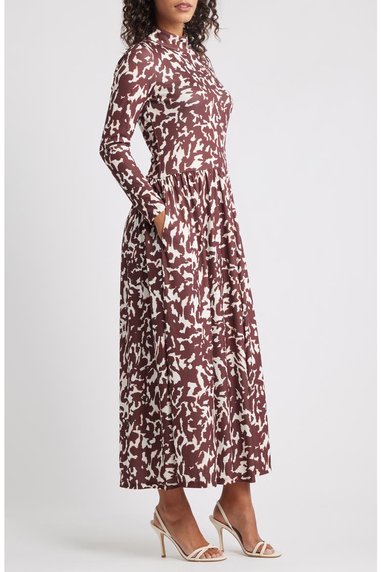 Printed Mock Neck Long Sleeve Maxi Dress, Alternate, color, RUM RAISIN