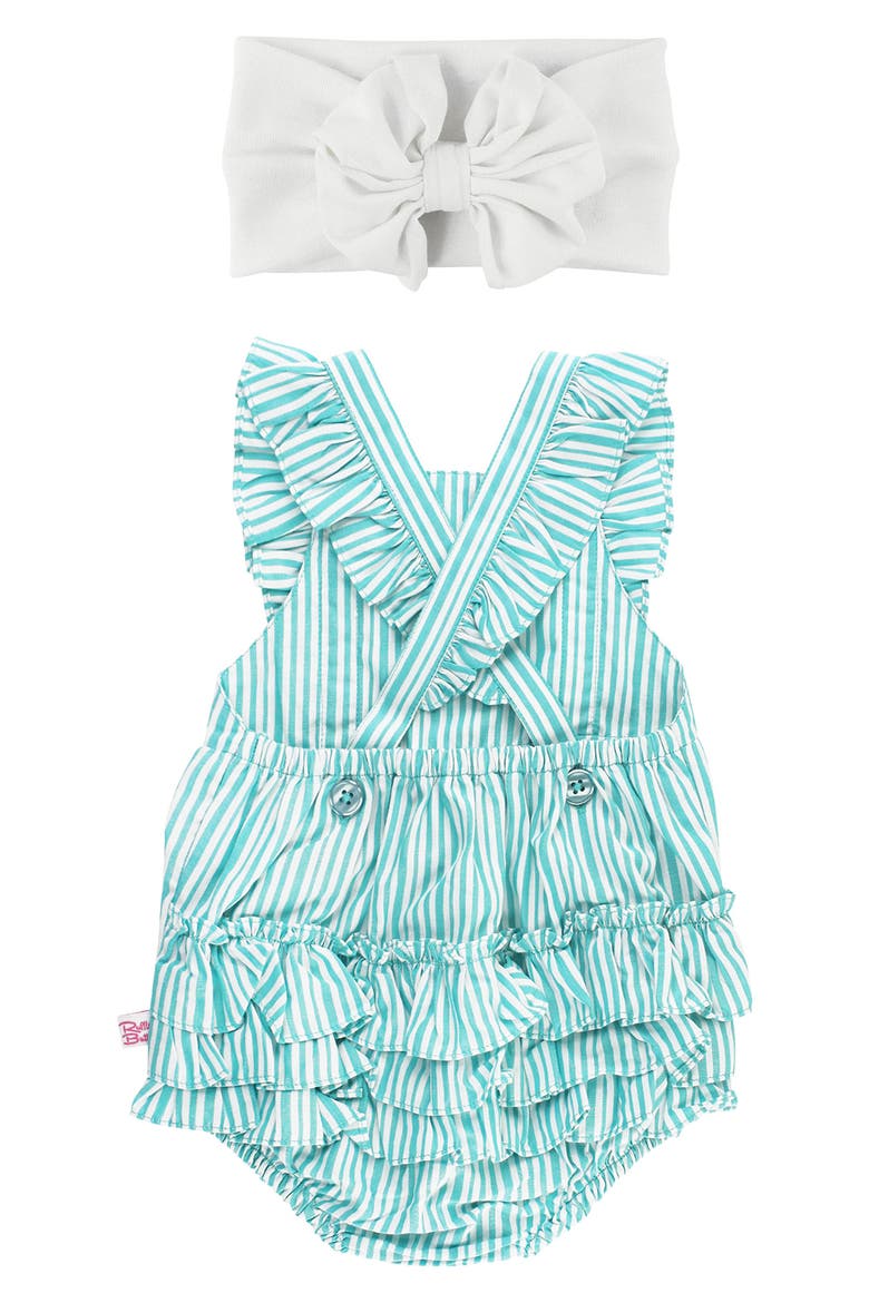 Baltic Stripe Ruffle Bubble Romper & Bow Head Wrap, Alternate, color, BLUE