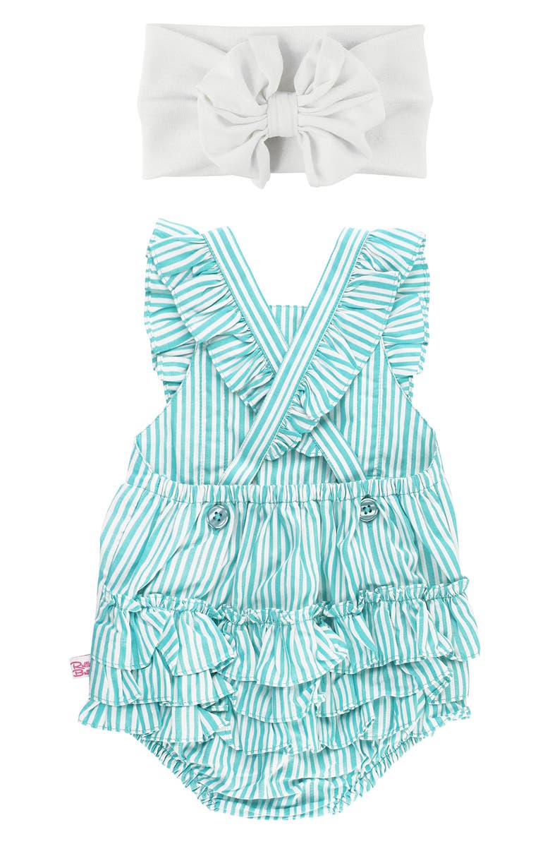 RuffleButts Baltic Stripe Ruffle Bubble Romper & Bow Head Wrap, Alternate, color, 