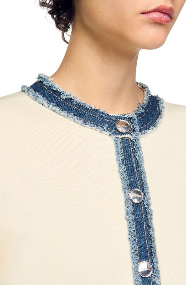 SANDRO Cardigan with denim details, Alternate, color, Ecru