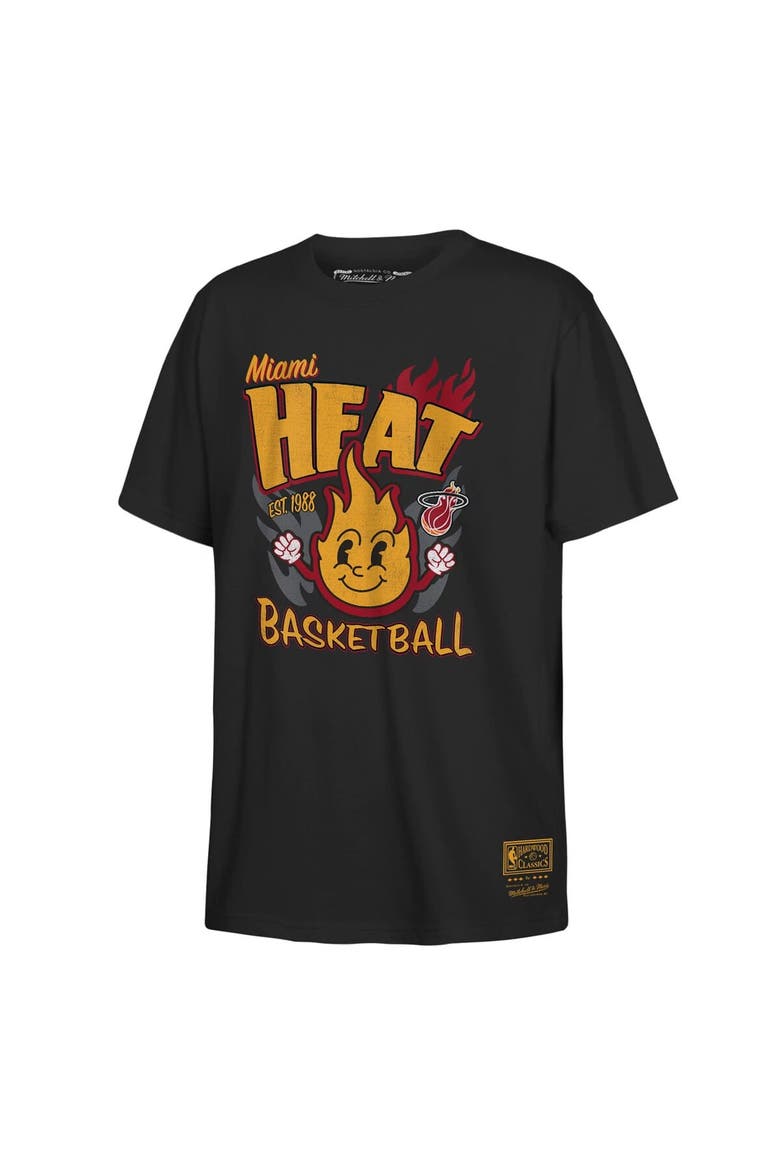 Youth Mitchell & Ness Black Miami Heat Retro Mascot Script T-Shirt, Main, color, Black