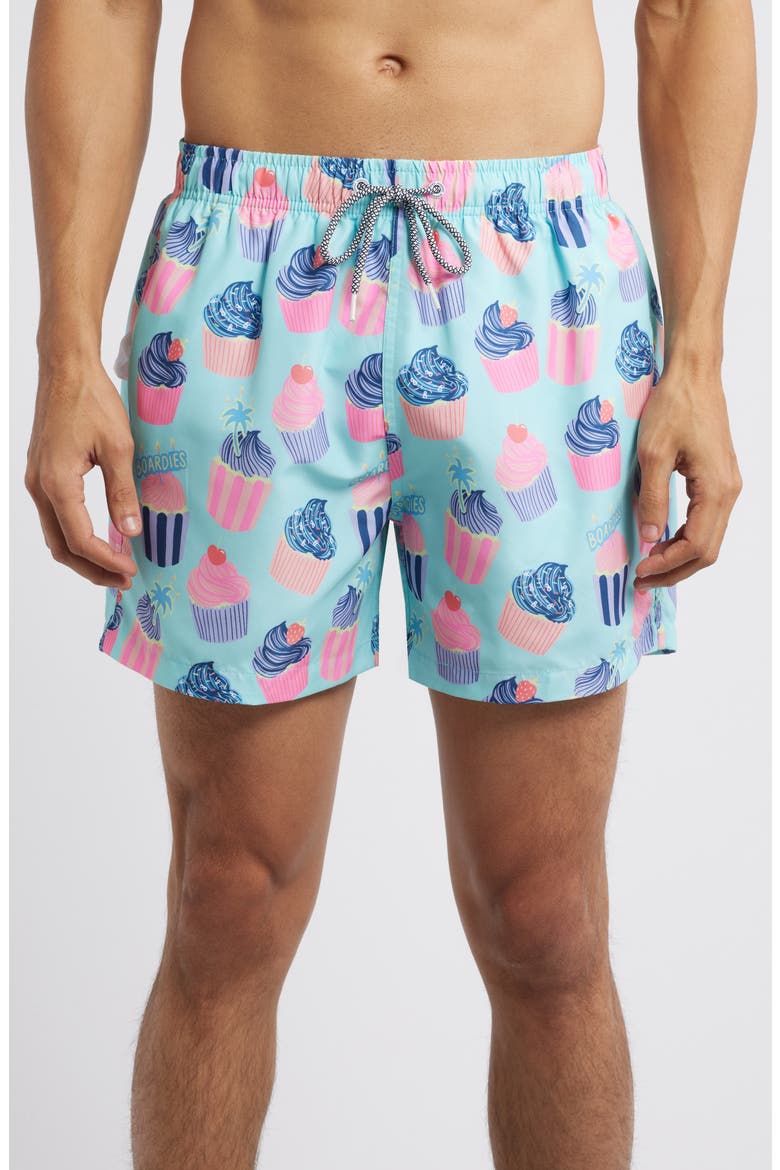 Celebrations Cupcake Print Mid Length Swim Trunks, Main, color, BLUE
