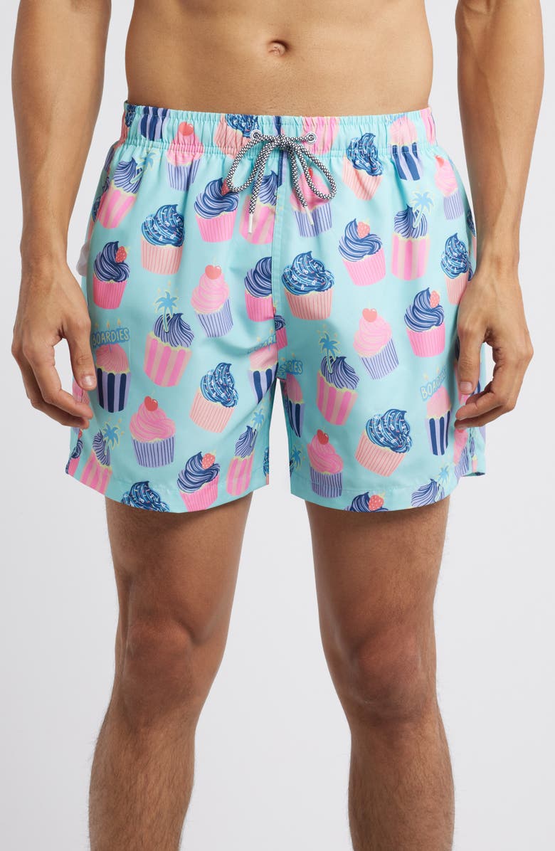 Boardies Celebrations Cupcake Print Mid Length Swim Trunks, Main, color, Blue