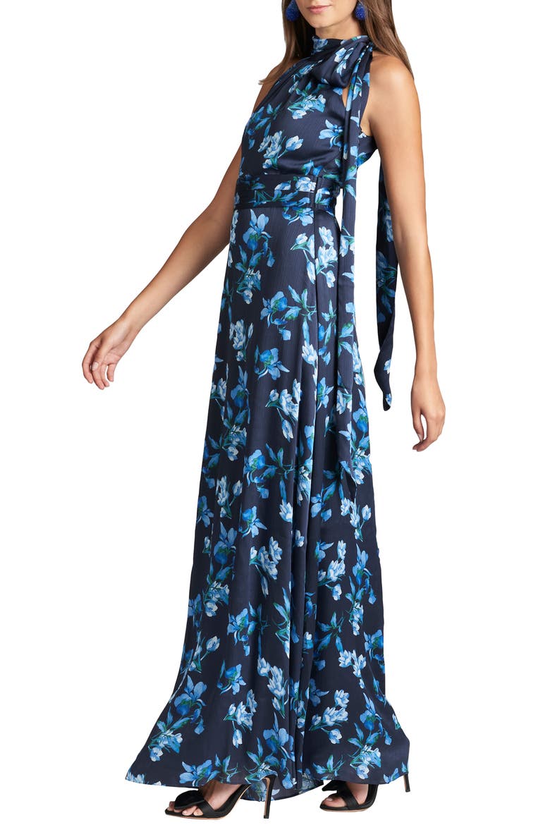 Kayla Floral Crinkle Georgette Halter Gown, Alternate, color, NIGHT SKY VENETIAN PETAL