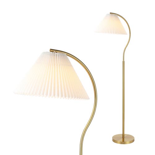 Jonathan Y Devon Modern Glam Metal Arc Led Floor Lamp With Pleated Shade In Brass Gold