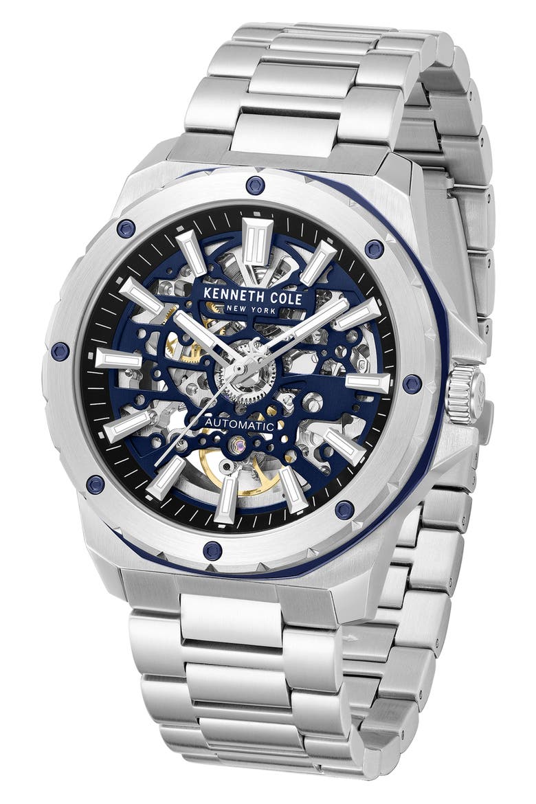 The Hollis Skeleton Automatic Bracelet Watch, 45mm, Alternate, color, SILVER
