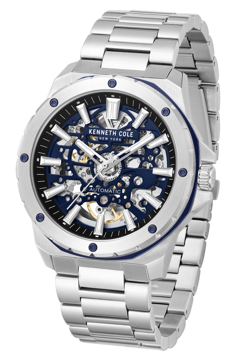 Kenneth Cole New York The Hollis Skeleton Automatic Bracelet Watch, 45mm, Alternate, color, Silver
