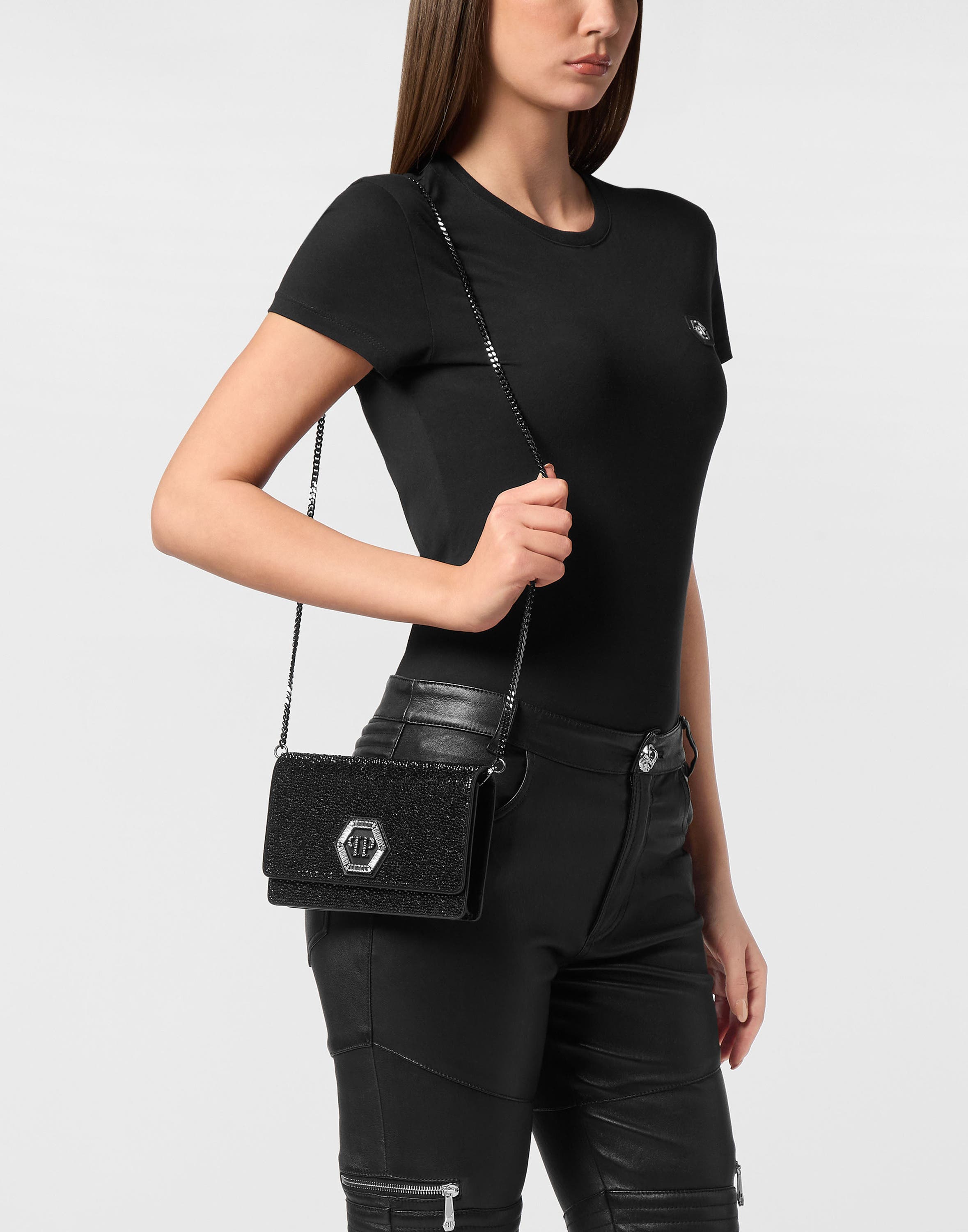 Suede Mini Shoulder Strass Hexagon Women, Main, color, black