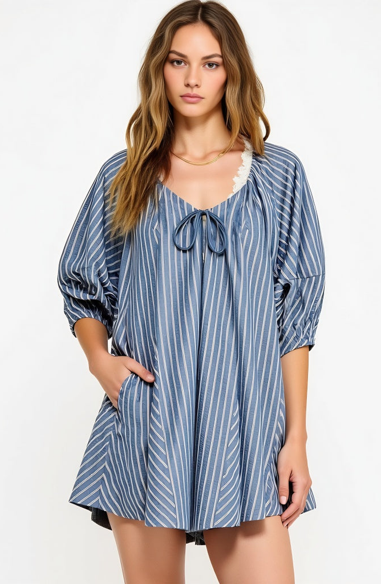 Modenaire Striped V-Neck Romper with 3/4 Sleeves and Front Tie Detail, Alternate, color, Blue Striped