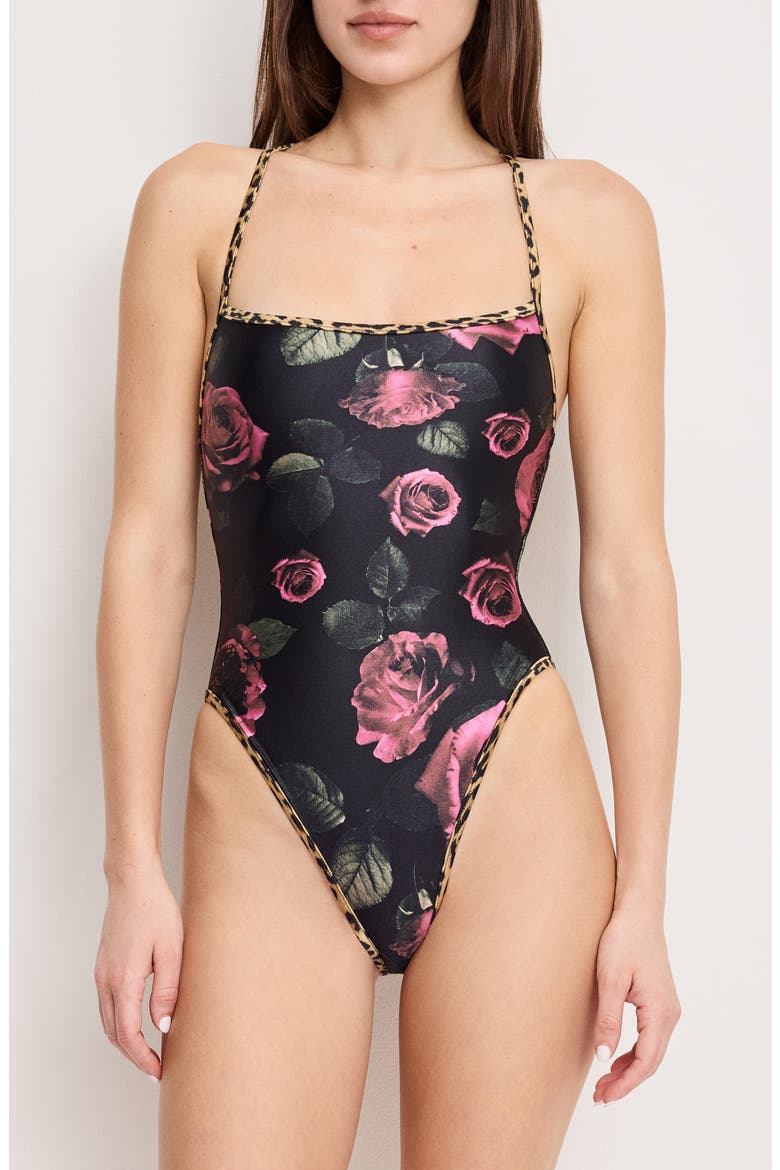 Reversible Lace-Up One-Piece Swimsuit, Alternate, color, LUCKY ROSES
