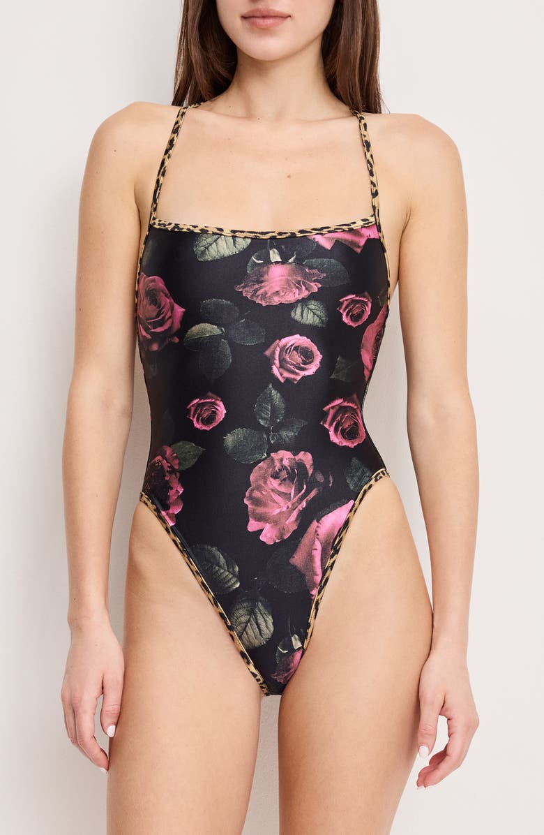 Good American Reversible Lace-Up One-Piece Swimsuit, Alternate, color, Leopard/ Lucky Roses