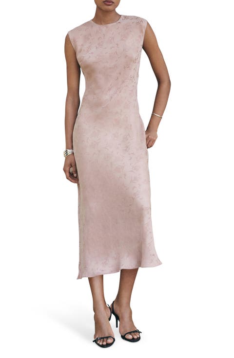 Satin Floral Jacquard Cap Sleeve Midi Dress