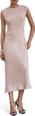 MANGO Satin Floral Jacquard Cap Sleeve Midi Dress