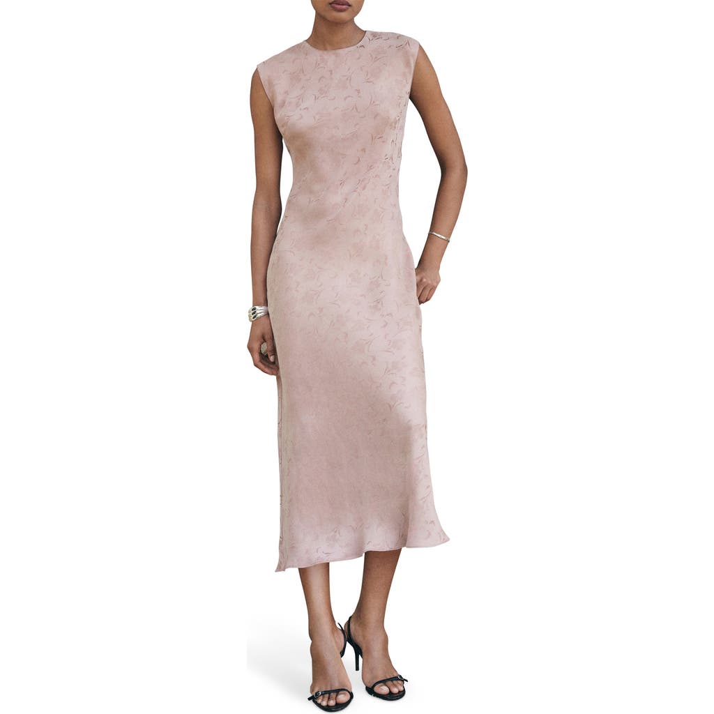 Mango Satin Floral Jacquard Cap Sleeve Midi Dress In Pink