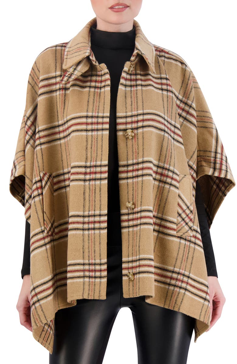 Ookie & Lala Plaid Brushed Knit Cape, Alternate, color, Camel/Black