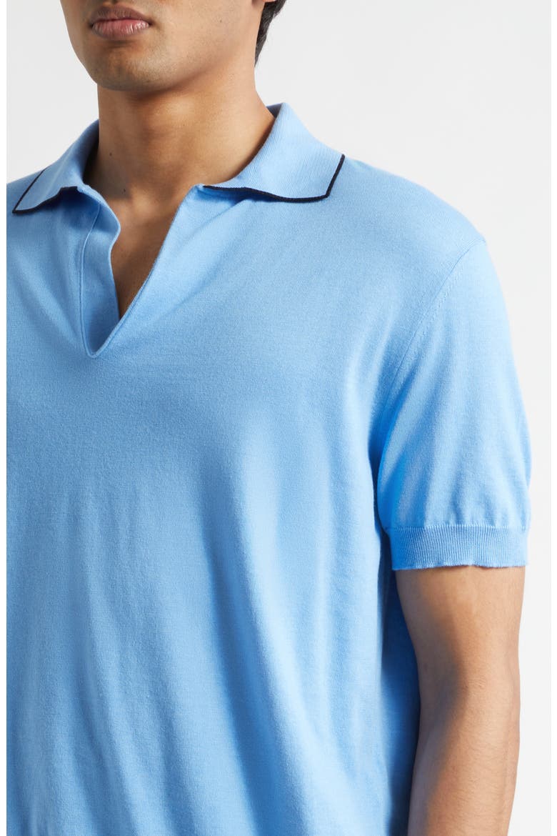 Tipped Silk & Cotton Polo Sweater, Alternate, color, AZURE BLUE