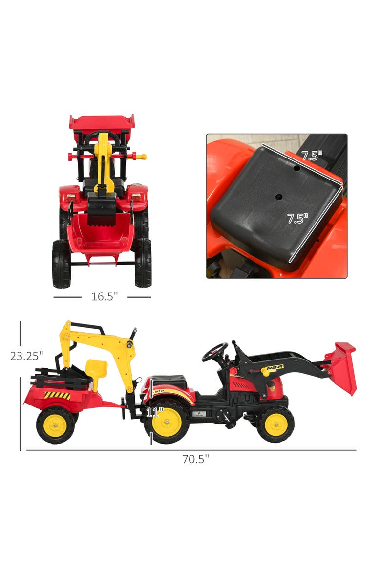Aosom 3 in1 Kids Ride On Bulldozer with 6 Wheels, Controllable Cargo Trailer, Easy Pedal, Alternate, color, Red