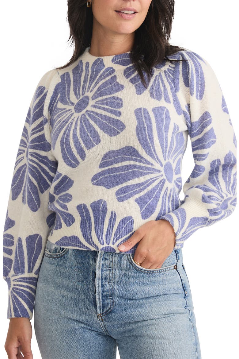 Floral Print Balloon Sleeve Crewneck Sweater, Main, color, BLUEFLORAL