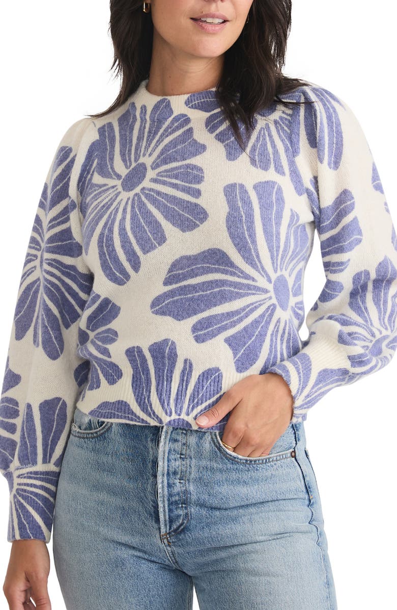 Marine Layer Floral Print Balloon Sleeve Crewneck Sweater, Main, color, Bluefloral