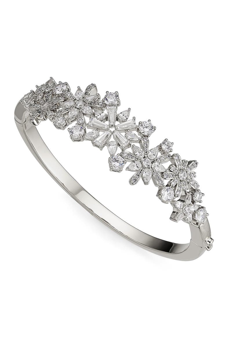 Freya Crystal Flower Hinge Bracelet, Main, color, RHODIUM