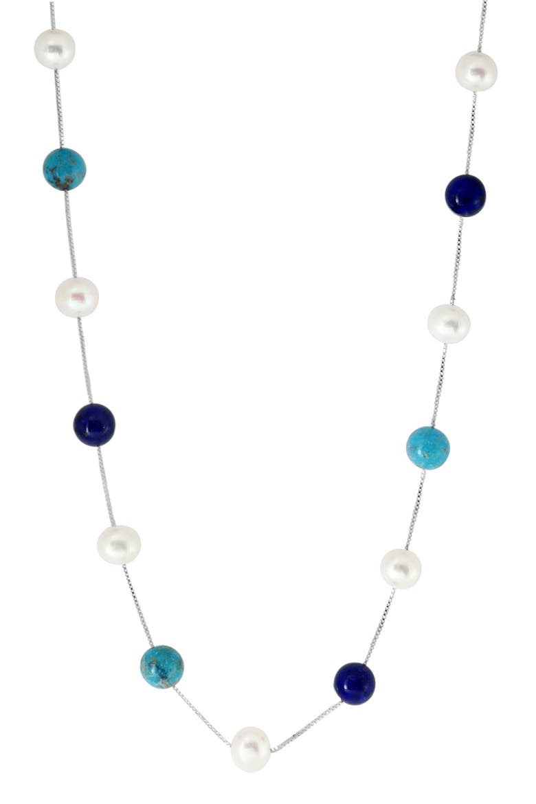 Sterling Silver Turquoise, Lapis & Freshwater Pearl Station Necklace, Main, color, SILVER