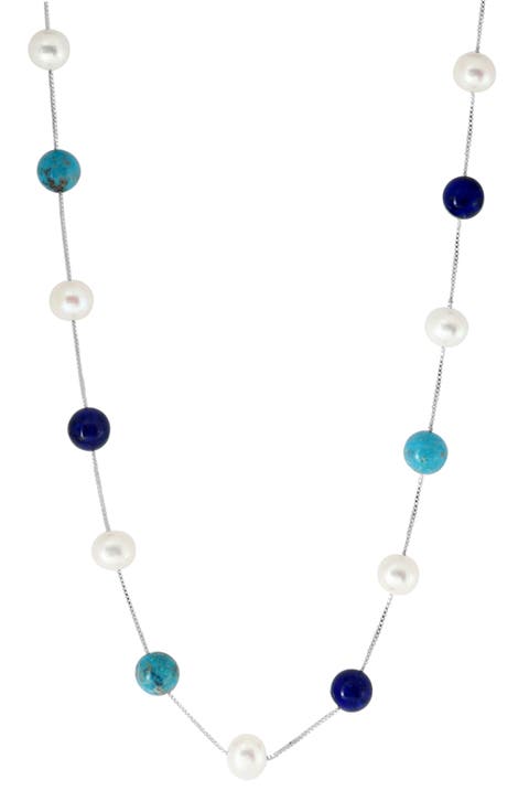 Sterling Silver Turquoise, Lapis & Freshwater Pearl Station Necklace