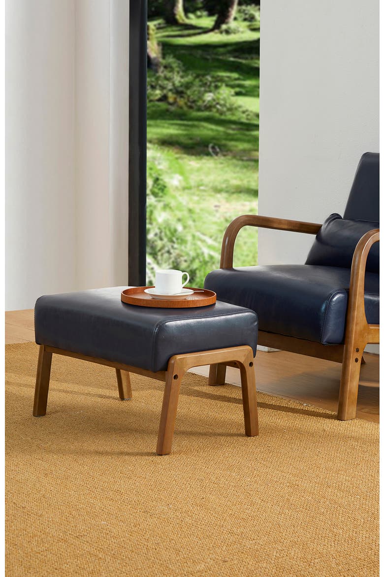 Mid-century Modern Faux Leather Accent Stool with Walnut Rubberwood Legs, Alternate, color, Navy Blue