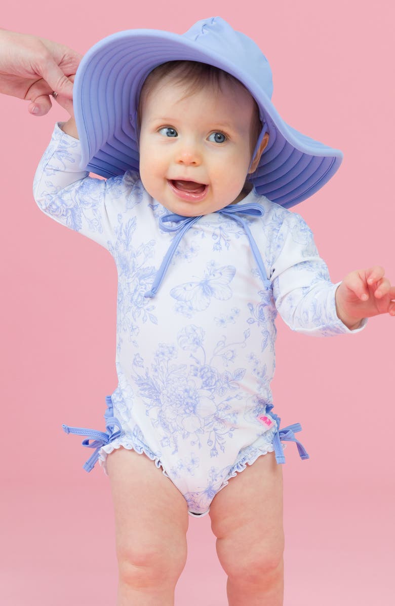 RuffleButts Periwinkle Garden Long Sleeve One-Piece Rashguard Swimsuit & Hat Set, Alternate, color, 
