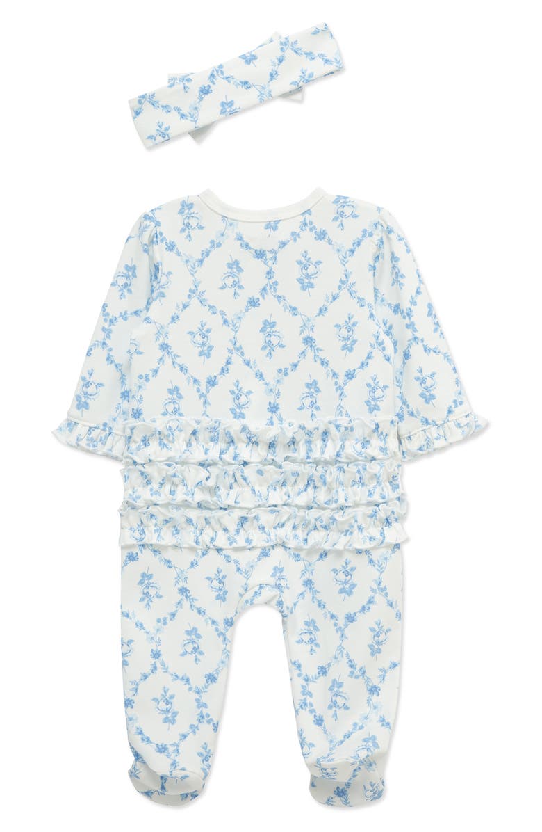 Little Me Trellis Rose Ruffle Cotton Footie & Headband Set, Alternate, color, Blue