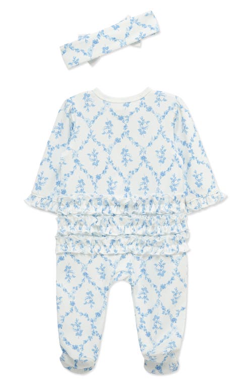 Little Me Trellis Rose Ruffle Cotton Footie & Headband Set In Blue