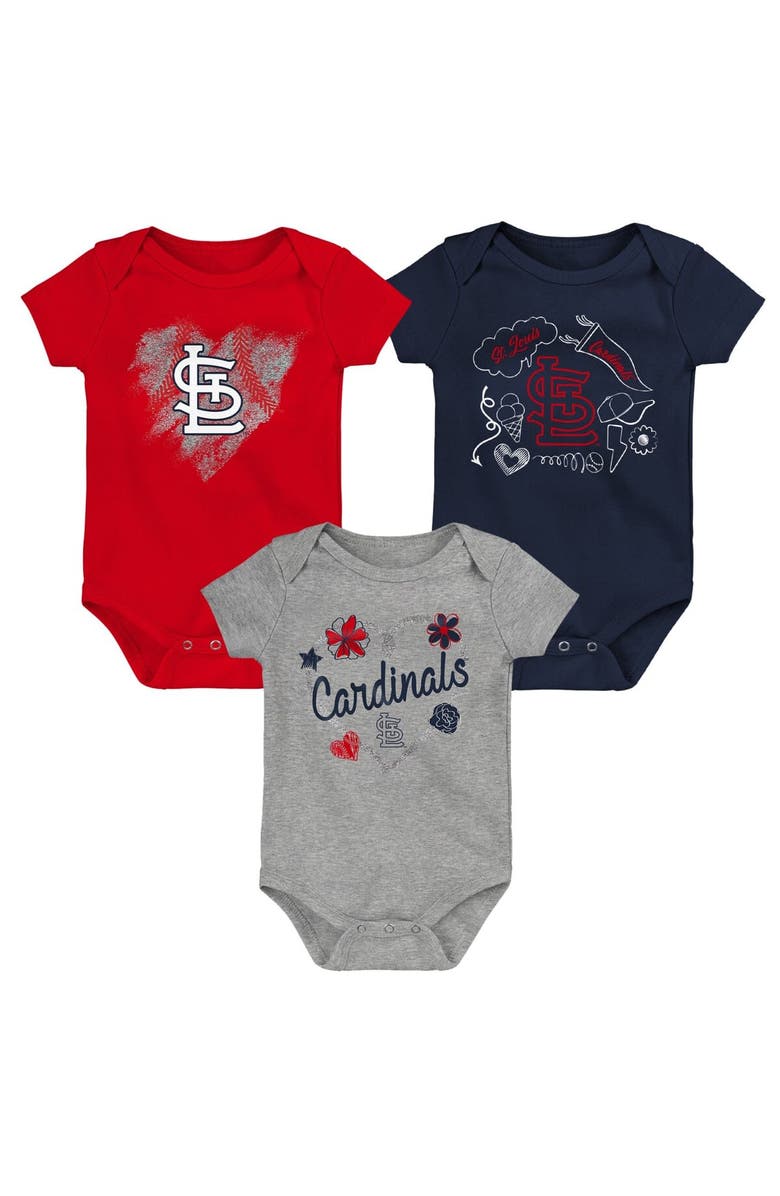 Outerstuff Girls Newborn & Infant Red/Navy/Heathered Gray St. Louis Cardinals 3-Pack Batter Up Bodysuit Set, Alternate, color, Red