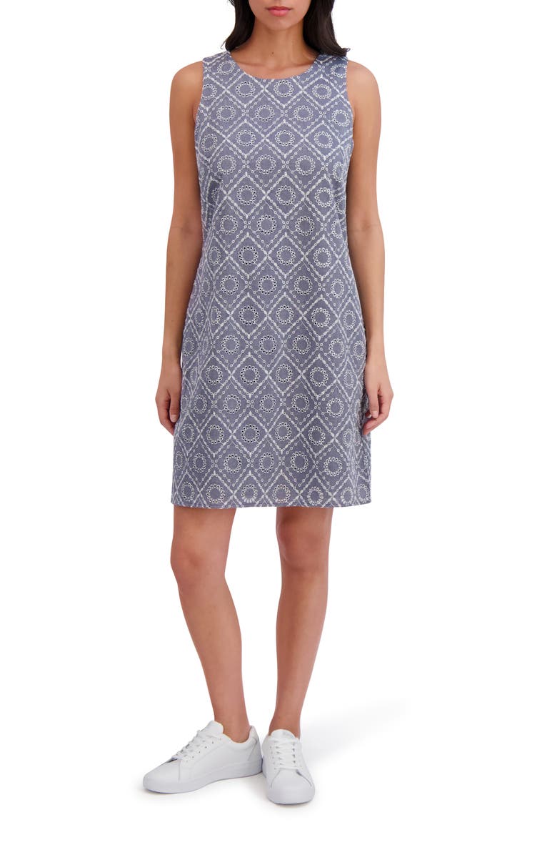 London Times Sleeveless Embroidered Eyelet Cotton Shift Dress, Main, color, Chambray White