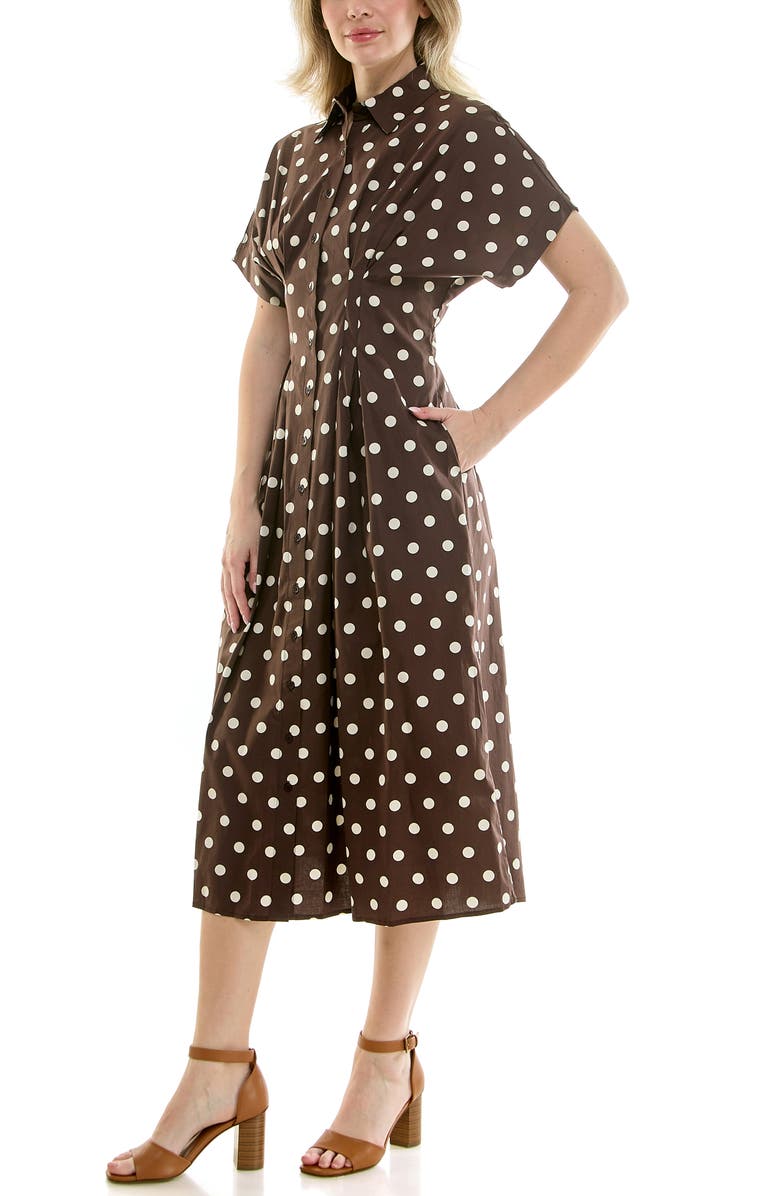 Nicole Miller Polka Dot Pintuck Waist Midi Shirtdress, Alternate, color, Coffee Bean Dot