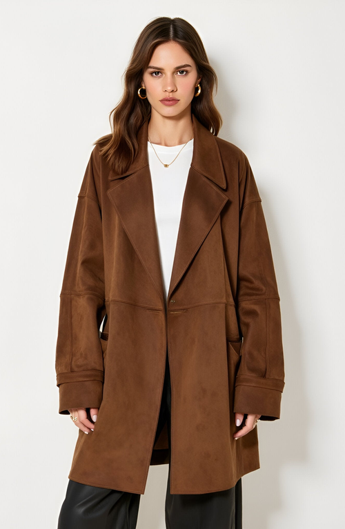 Modenaire Oversized Faux Suede Coat With Wide Lapels And Side Pockets In Brown