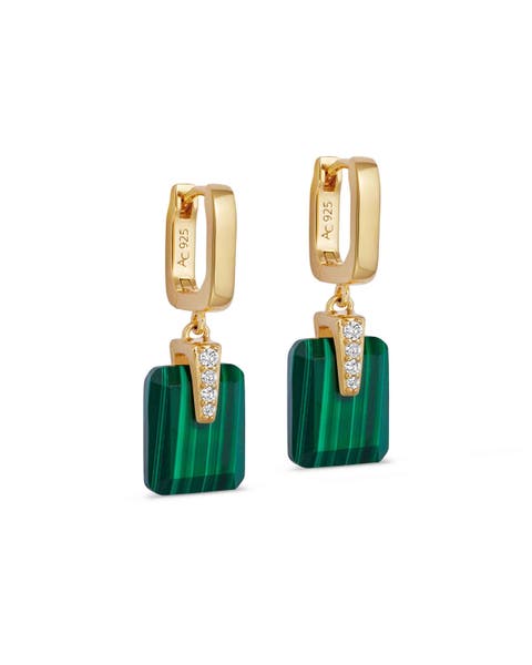 Gold Deco Malachite Drop Huggies Earrings