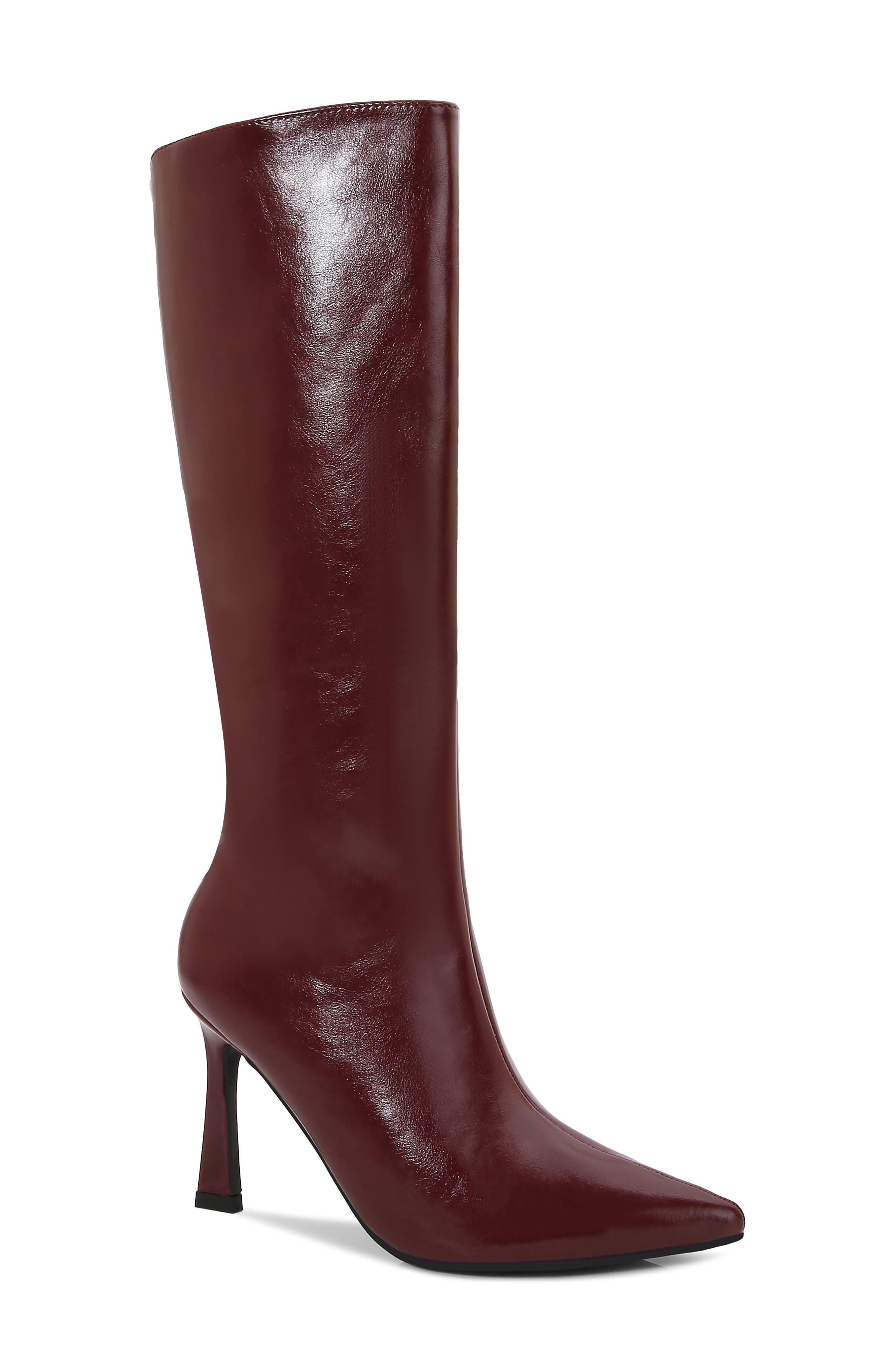 Babs Stiletto Knee High Faux Leather Boot, Main, color, WINE