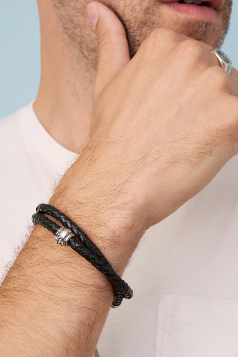 Mens Voyager Leather Bracelet in Sterling Silver, Alternate, color, Silver