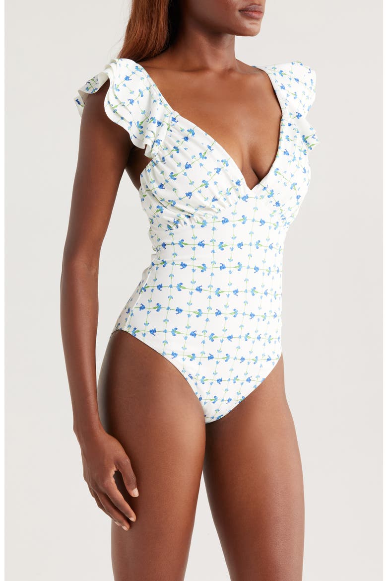 Cala Flutter Sleeve One-Piece Swimsuit, Alternate, color, WHITE/ BLUE FLORAL