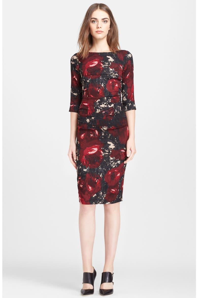Print Stretch Silk Crepe Dress, Main, color, CLARET PAINTBRUSH FLORAL