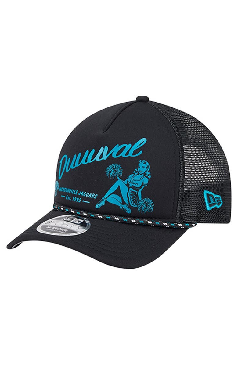 New Era Men
s New Era Black Jacksonville Jaguars Gas Station 9FORTY A-Frame M-Crown Adjustable Trucker Hat, Main, color, 