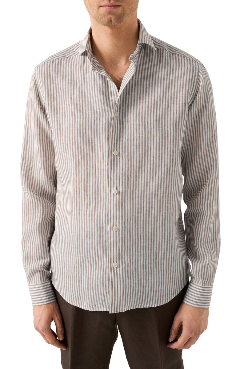 Eton Regular Fit Bengal Stripe Linen Dress Shirt, Main, color, Light Beige