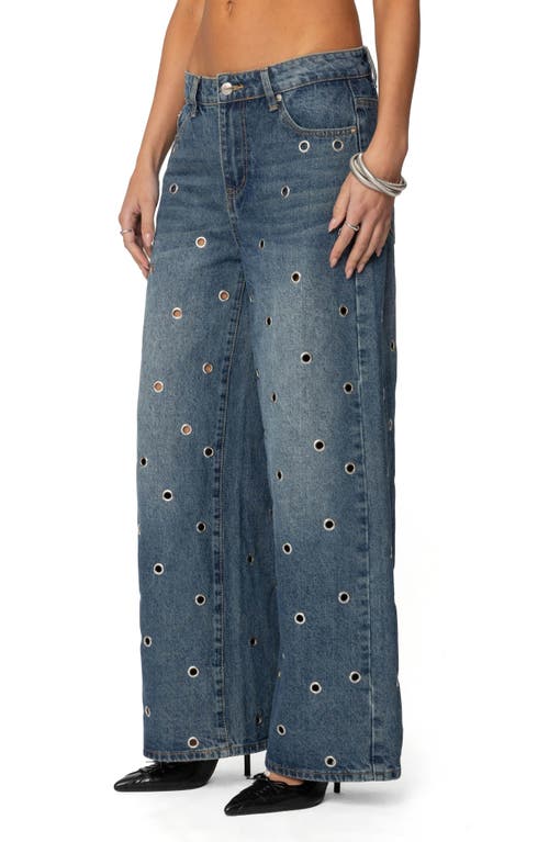 Edikted Jainie Grommet Low Rise Blue Wash Jeans In Blue-washed