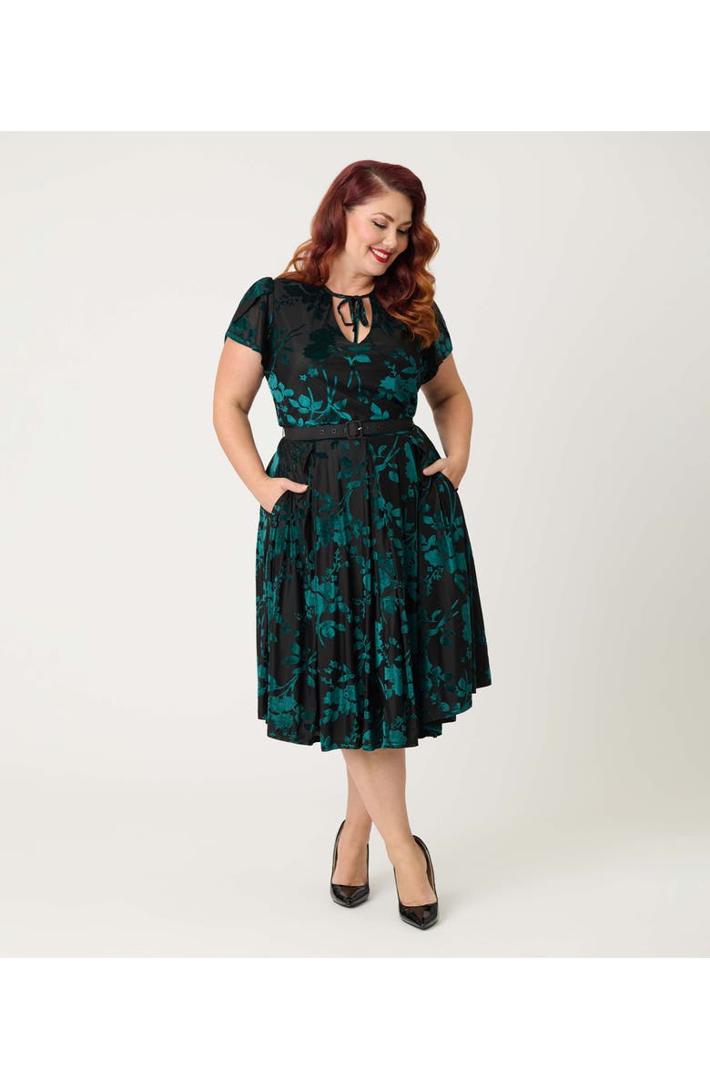 Unique Vintage Plus Size Short Petal Sleeve Tie Neck Dahlia Swing Dress, Alternate, color, Teal
