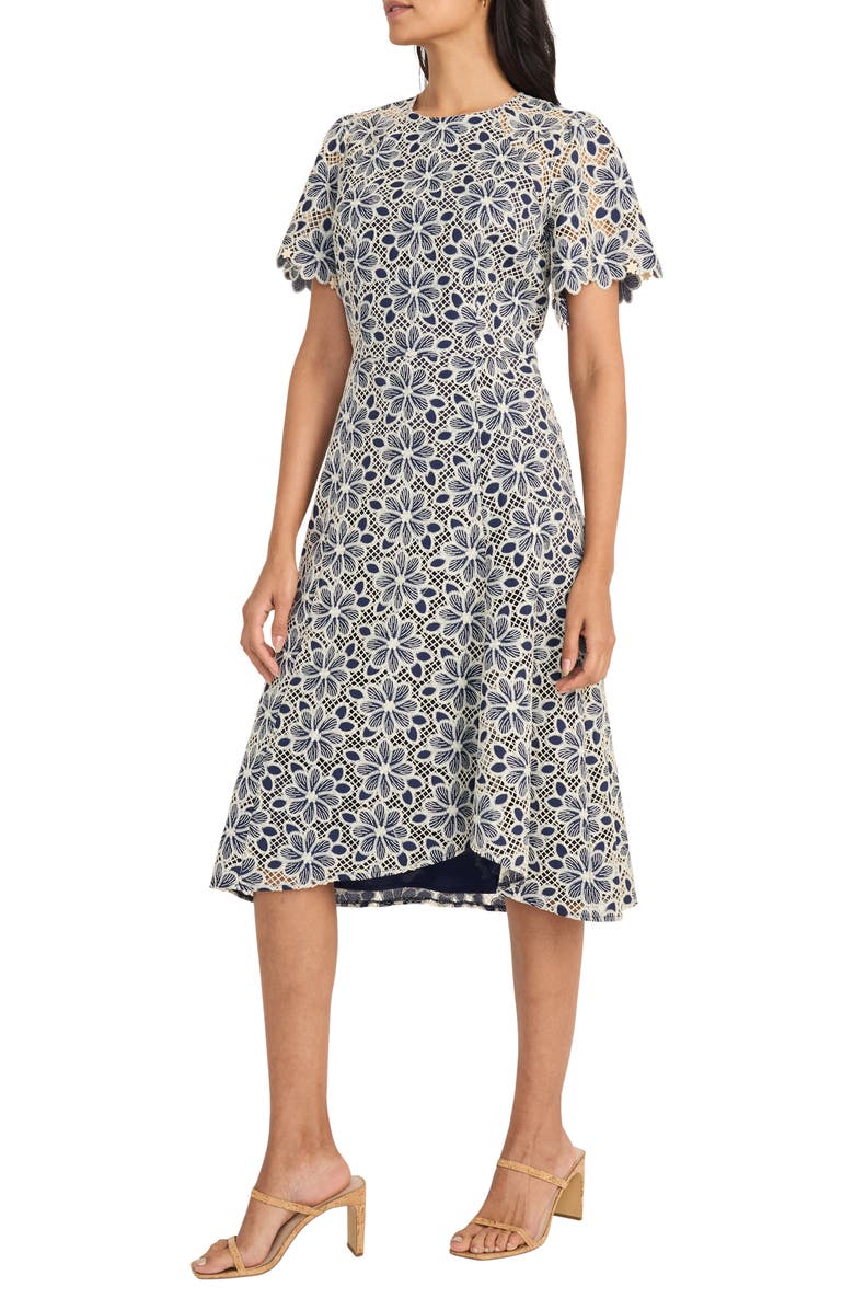 Maggy London Embroidered Lace Midi Dress, Alternate, color, Navy/ Cream