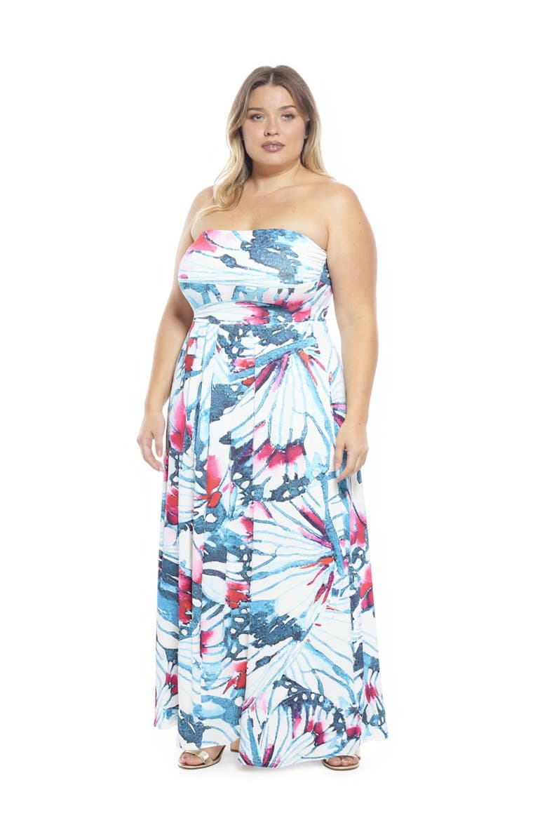 24seven Comfort Apparel Plus Size Butterfly A-Line Strapless Pocket Maxi Dress, Alternate, color, Blue Multi