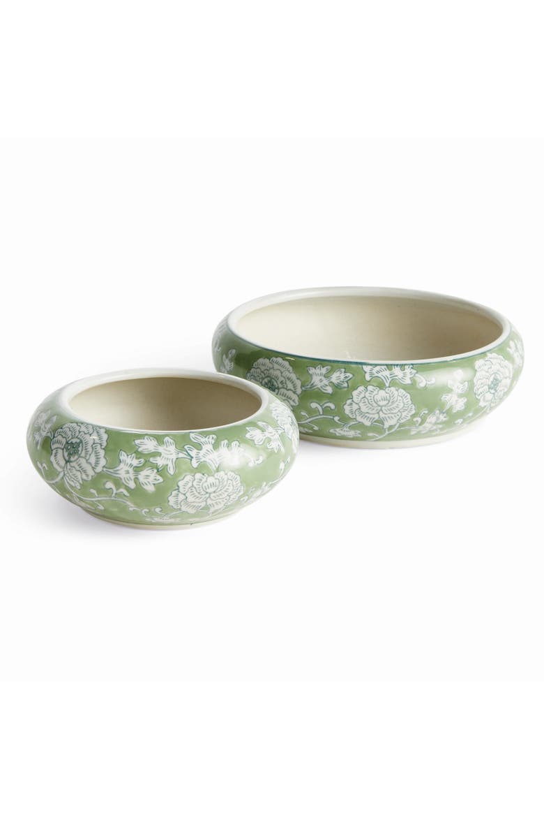 Green & White Ceramic Imperial Lotus Low Pots, Set of 2, Main, color, Green