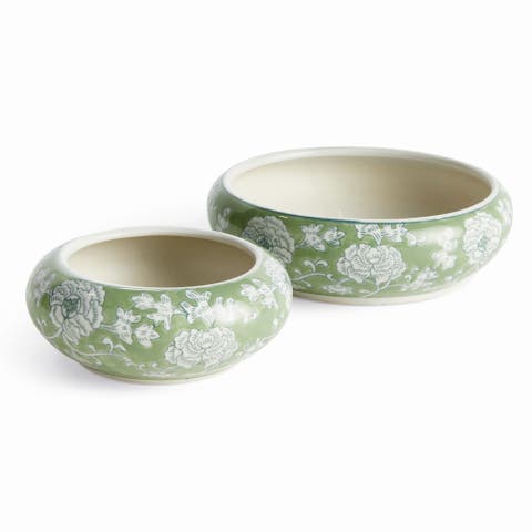 Green & White Ceramic Imperial Lotus Low Pots, Set of 2