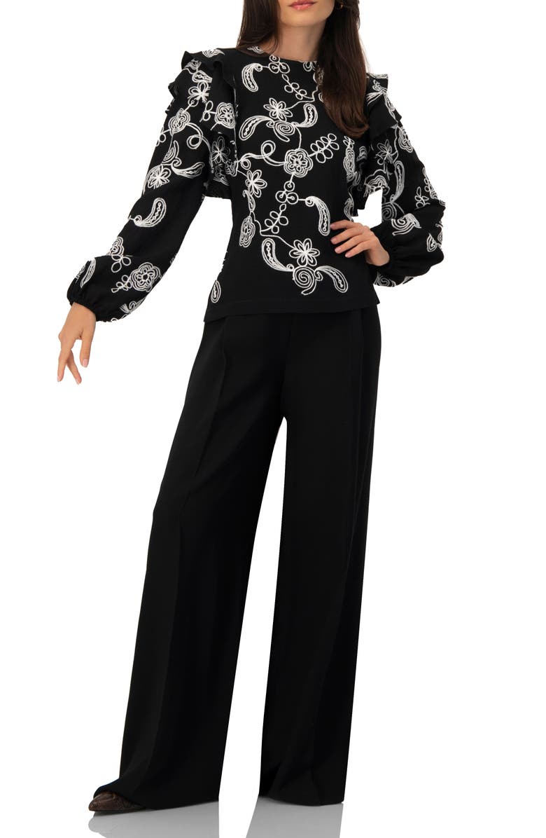 IVONNE Blouse with White Embroidery and Ruffle Detail, Alternate, color, Black