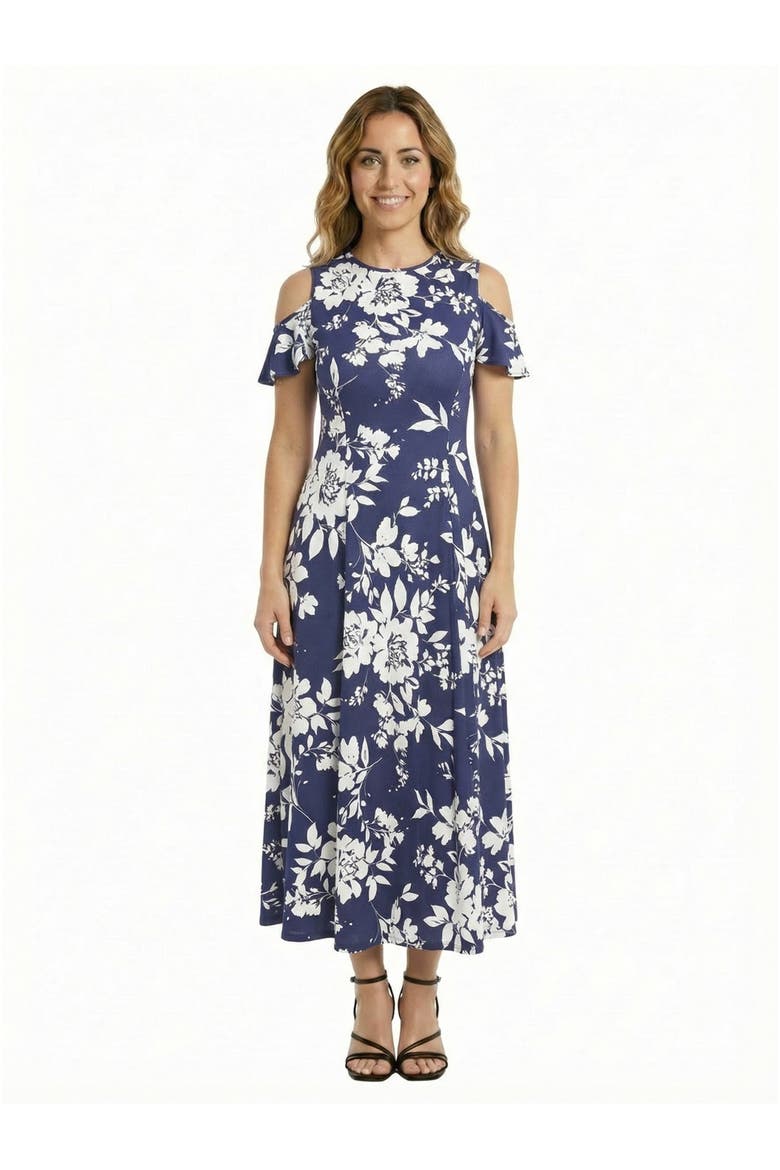 Essential Petite Floral Ruffle Sleeve Cold Shoulder A-Line Maxi Dress, Main, color, Navy Multi